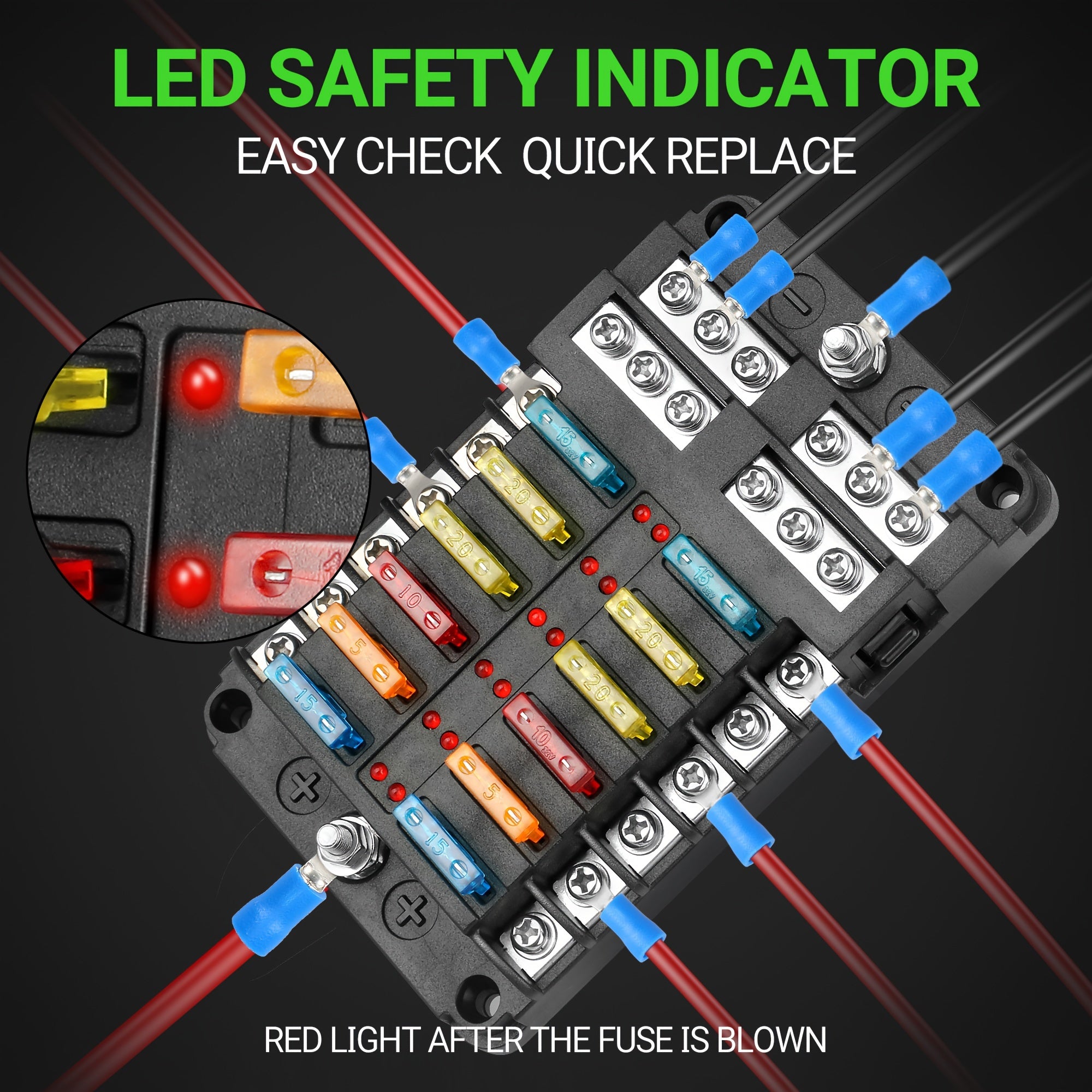 6-Way Fuse Box with LED Indicator Metal Automotive Marine Grade 12V