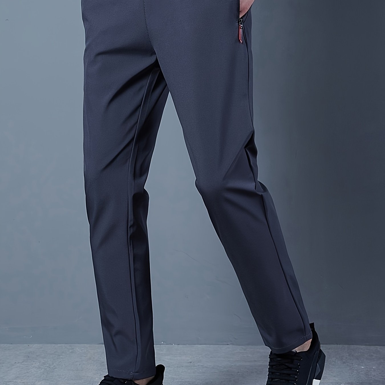 Men's Casual Solid Polyester Pants with Zipper Pockets Drawstring Barrel Trousers for Outdoor Activities