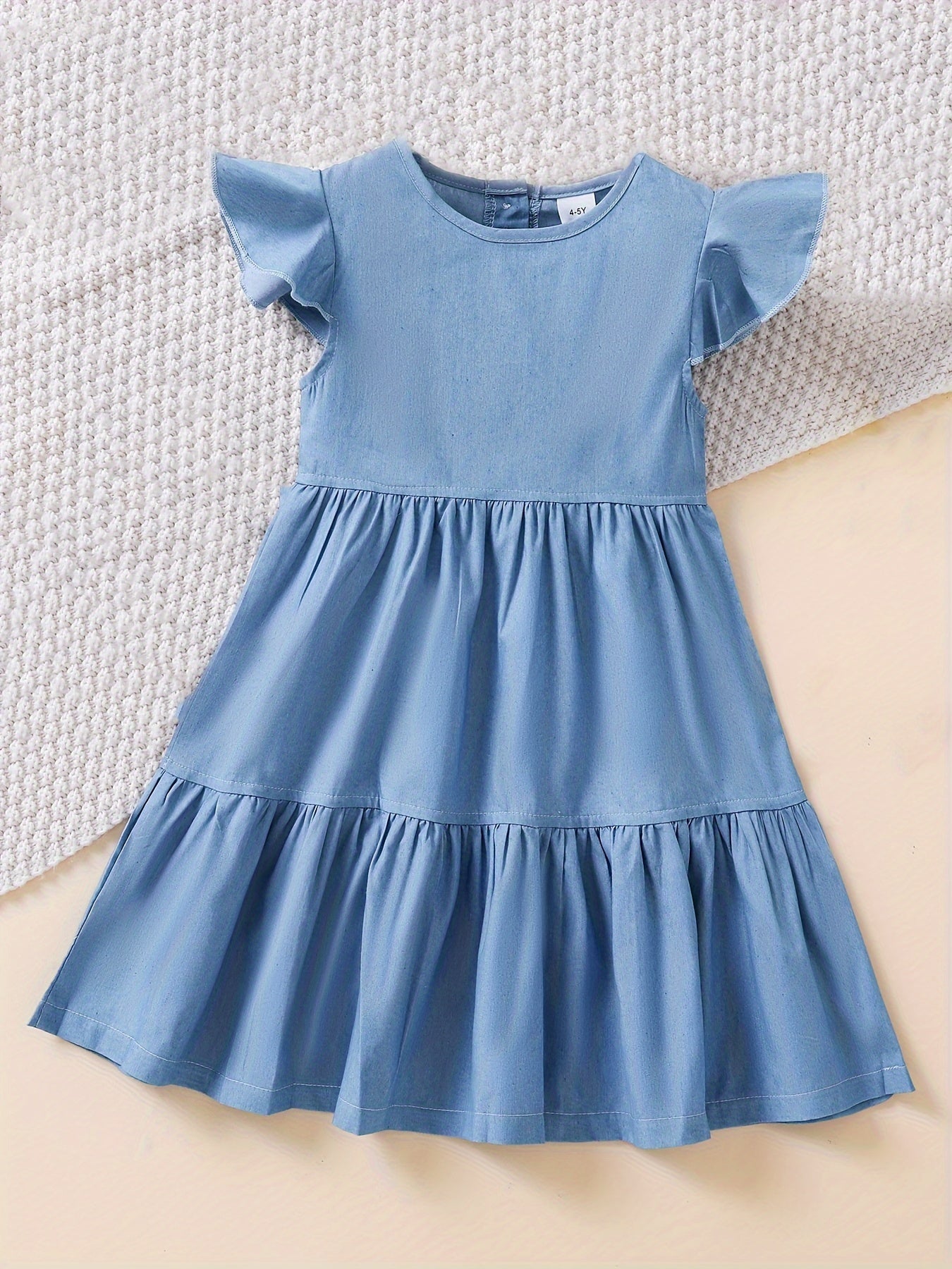 Girls' Denim Dress with Ruffle Trim Cotton Blend Summer Casual
