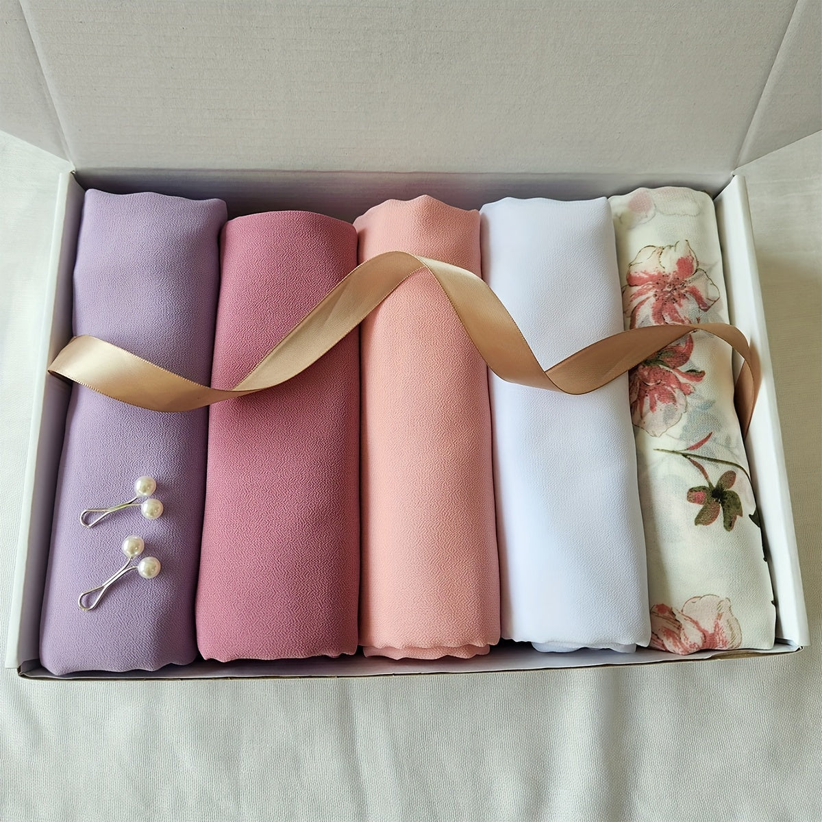 Set of 5 Elegant Chiffon Hijabs with Faux Pearl Pins for Valentine's and Mother's Day