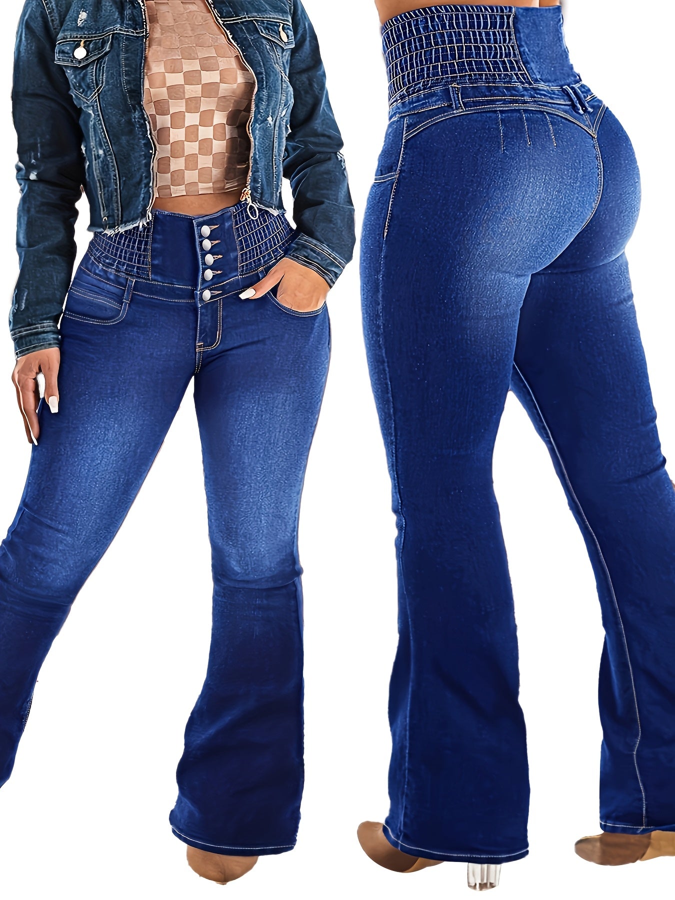 Women High-Waisted Flare Jeans Stretch Denim Plus Size Solid Color