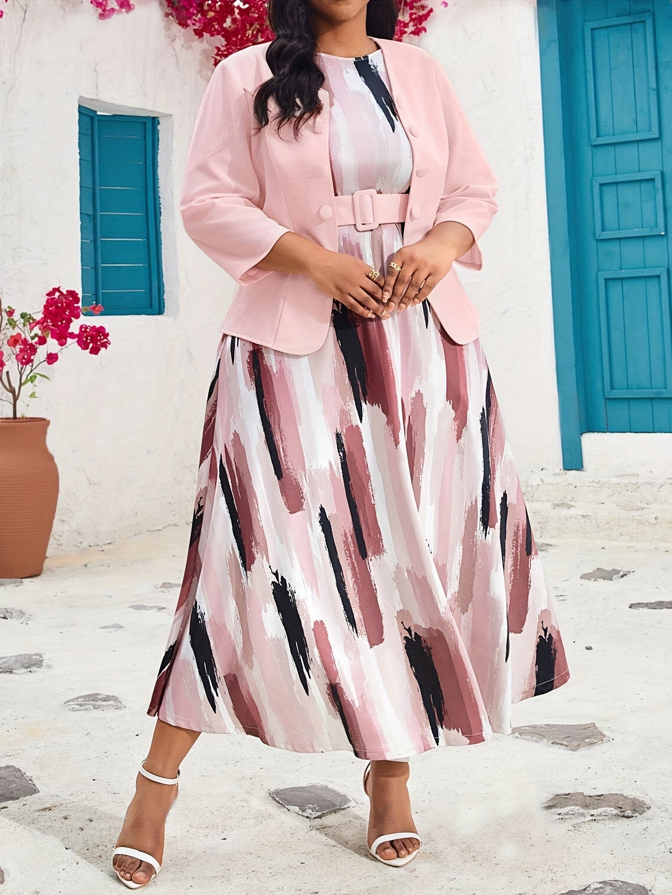 Plus-Size Pink Coat and Dress Set with Long Sleeves and Elegant Pattern