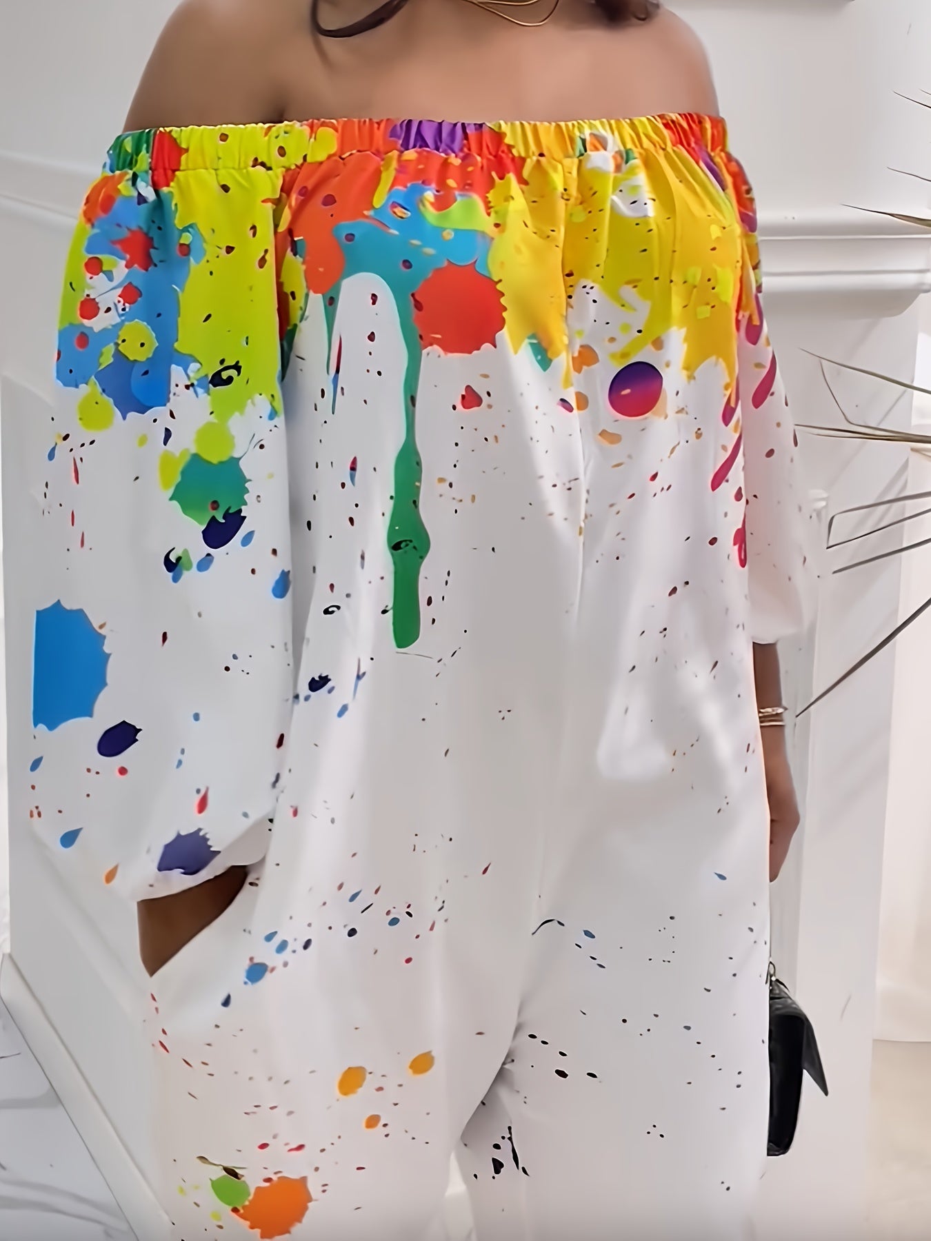 Women's Plus Size Splash Ink Print Off Shoulder Romper Long Sleeve Casual Clothing