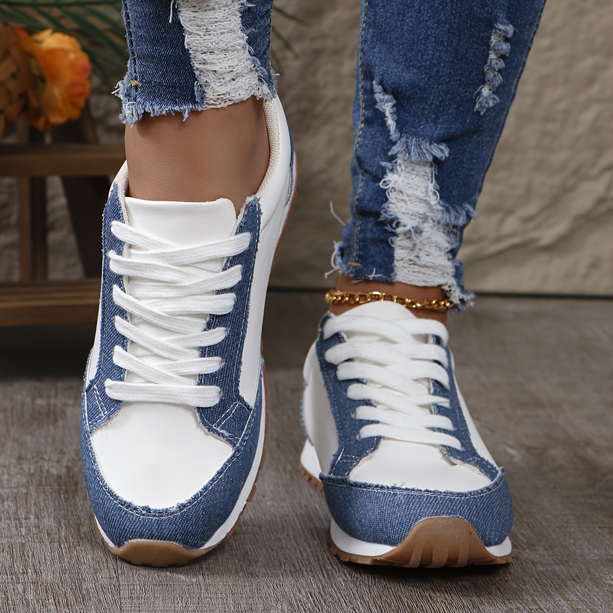 Women Blue Fabric and White PU Slip-On Sneakers Universal Breathable Low Top Comfort