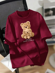 Women's Cotton Casual Crew Neck T-Shirt with Cartoon Bear Print Short Sleeve Loose Fit All-Season