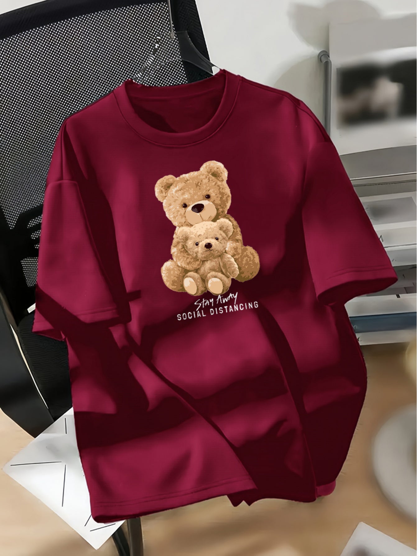Women's Cotton Casual Crew Neck T-Shirt with Cartoon Bear Print Short Sleeve Loose Fit All-Season