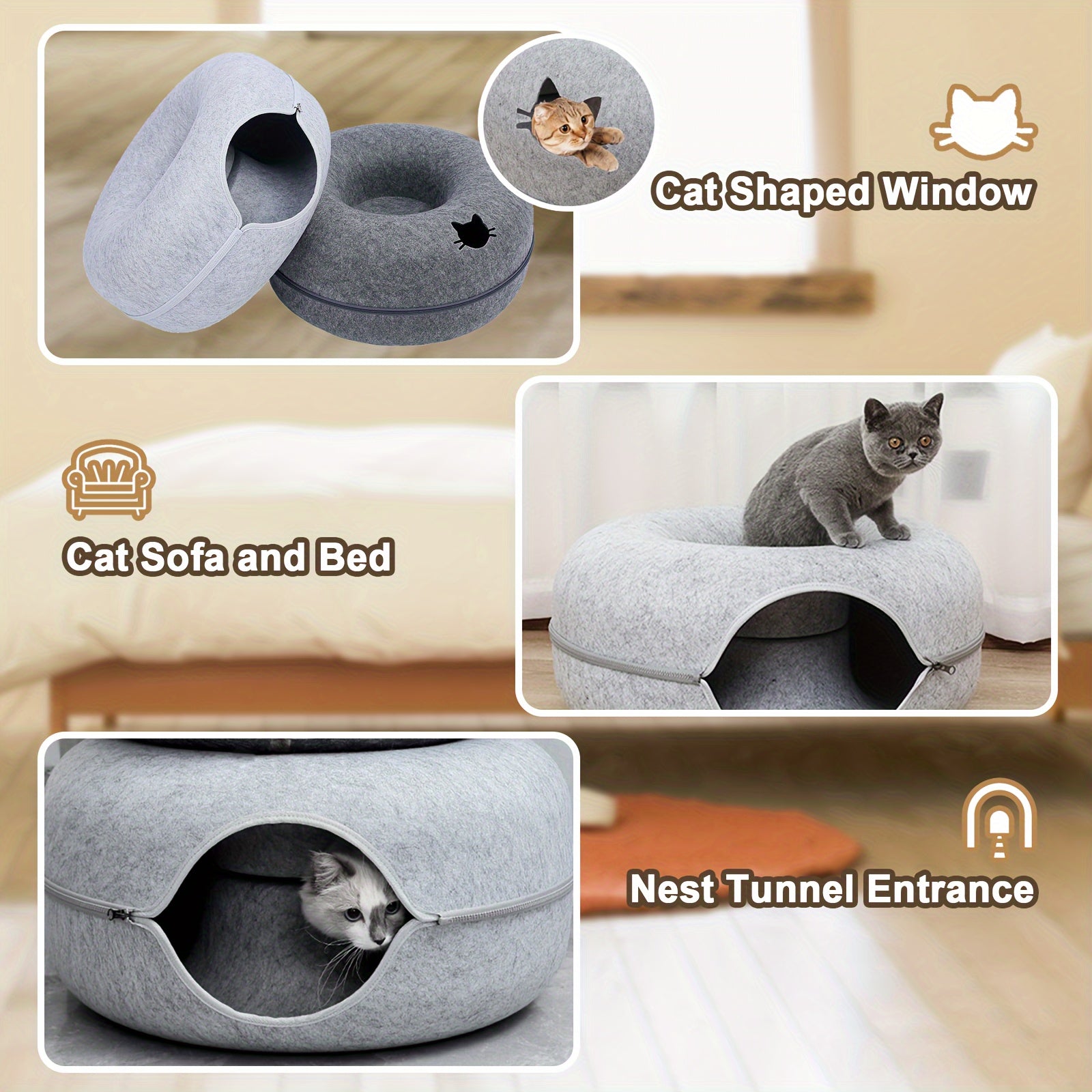Gray Wool Felt Cat Tunnel Bed with Zippered Split, Foldable, Versatile Indoor Pet Bed