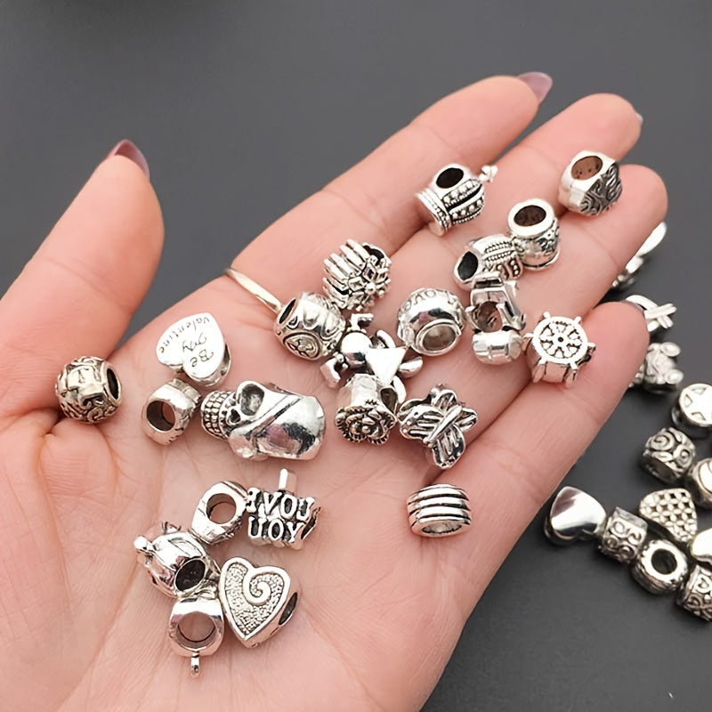 60 piezas de charms de cuentas con gran agujero y grabadas en aleación de zinc para hacer joyería
