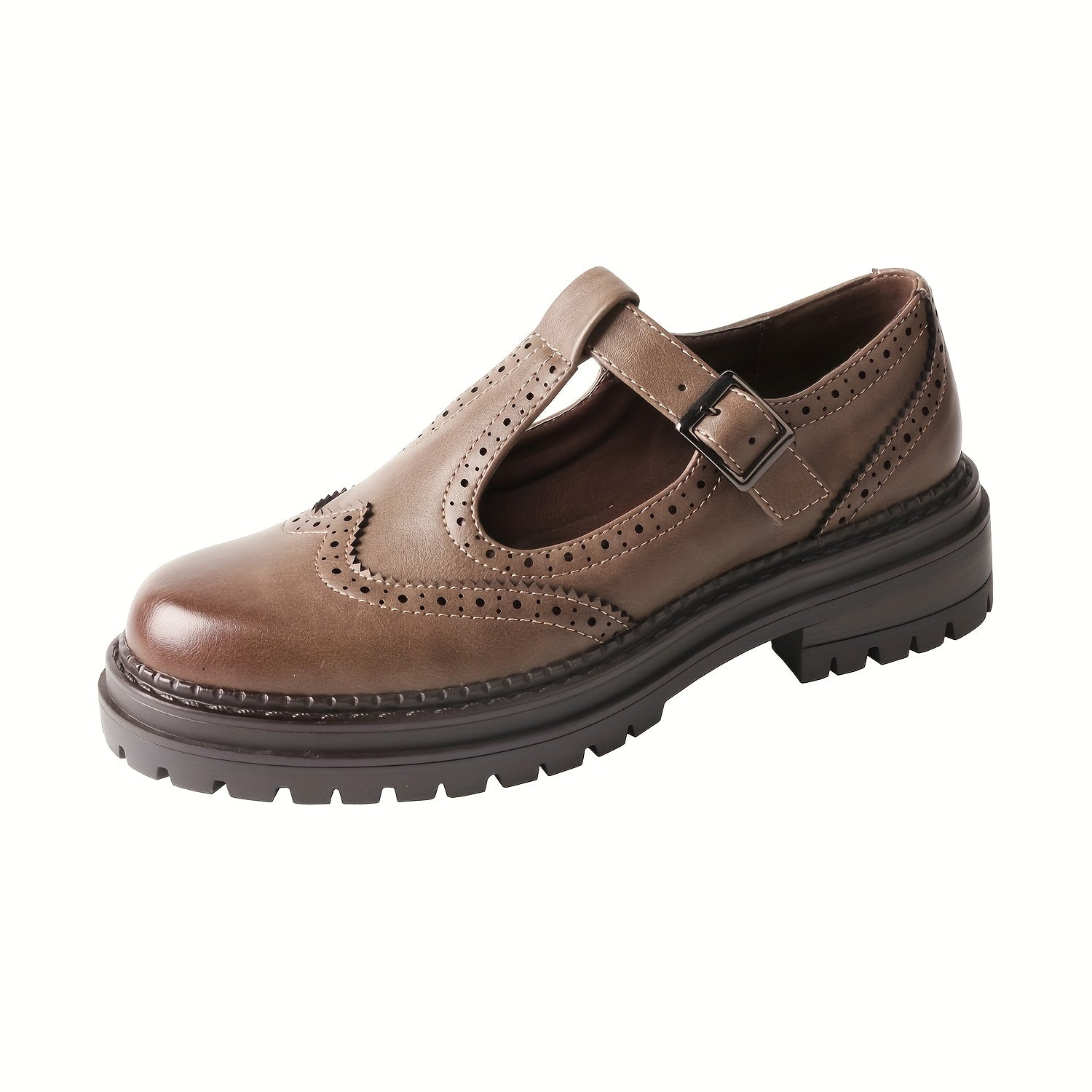 Men Brown Leather Brogue Oxford Shoes Casual Loafers with Buckle