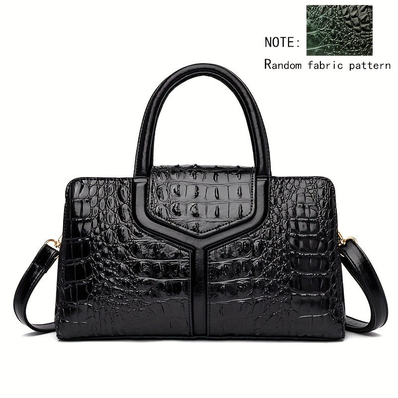 Women's Crocodile-Embossed Handbag Black Green Crossbody Shoulder PU Durable Stylish