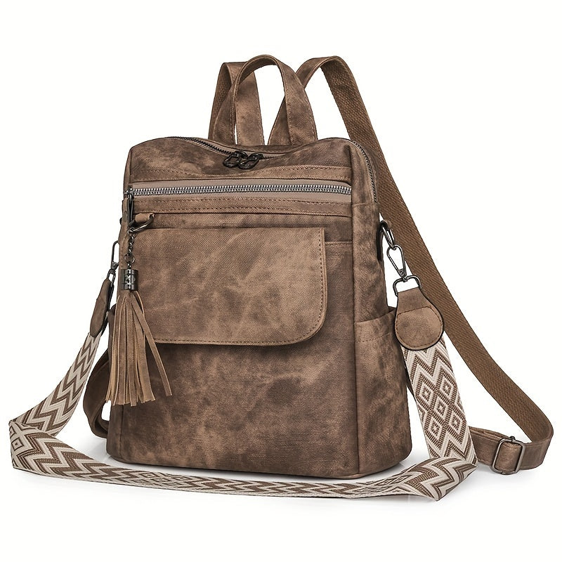 Women's PU Double Shoulder Bag for Autumn Winter Casual Crossbody Backpack with Tassels