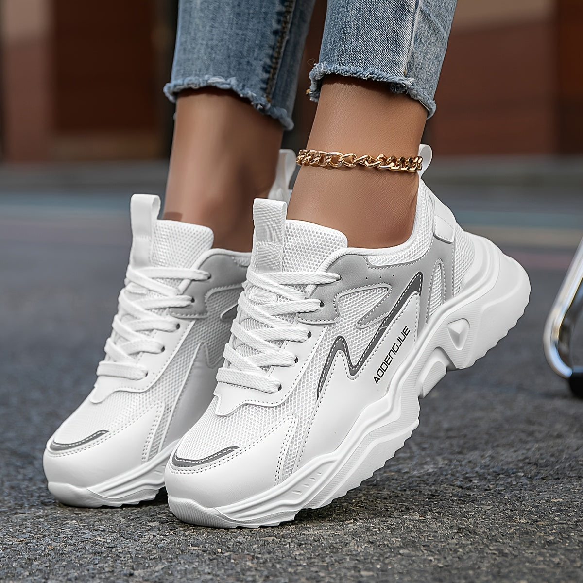 Women's Fashion Sneakers White Gray Patchwork Lace-Up Casual Shoes