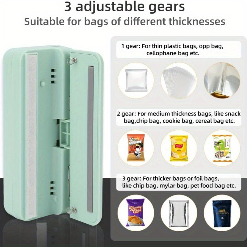 Mini Portativ Yopish Mashinasi yengil va samarali tarzda snack paketlarini yopadi, USB orqali qayta zaryadlanadi va sozlamalari moslashtirilgan, turli paketlar uchun ideal va sayohat hamda pikniklar uchun mukammal.