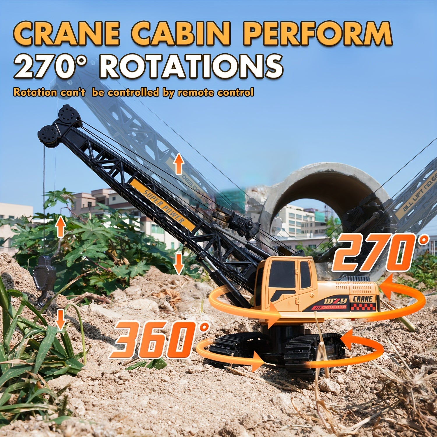 Juguete de grúa RC de 2.4GHz amarillo con luces, sonidos, rotación de 360°, control remoto de 8 canales, batería recargable