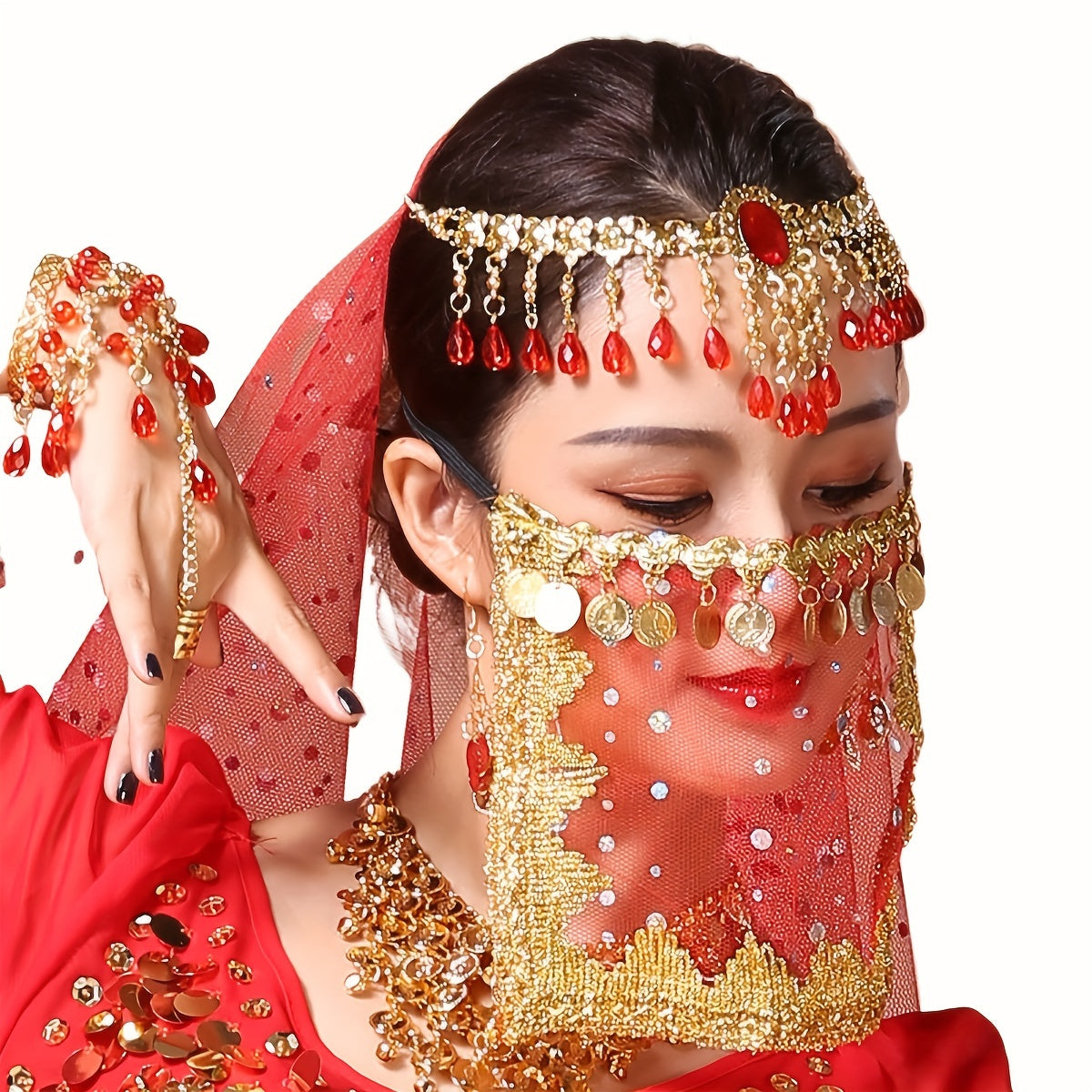 Women's Belly Dance Coin Face Covering Veil for Exotic Western Cosplay Performance
