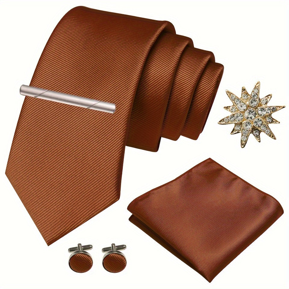 Erkaklar uchun satinning twill galstuk to'plami, galstuk klipi, cho'ntak sharlari, manşet o'rashlar va brosh uchun rasmiy tadbirlar