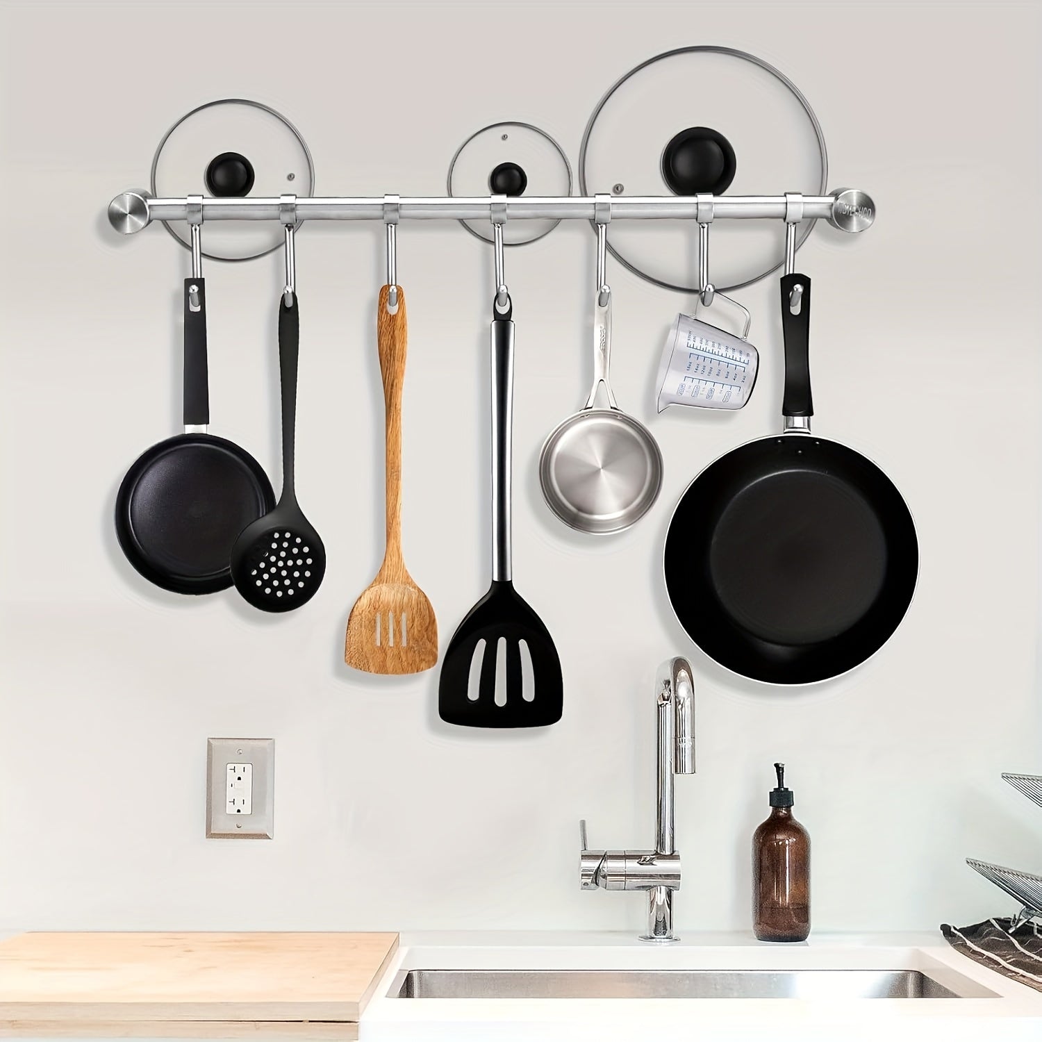 Stainless Steel Wall Mount Utensil Rack with Hooks for Kitchen and Bathroom Storage