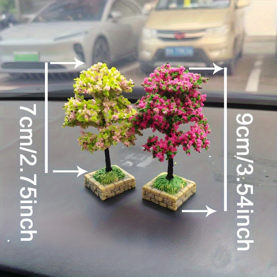 2Pcs Mini Artificial Flower Trees Car Dashboard Decorations Plastic Stone Base