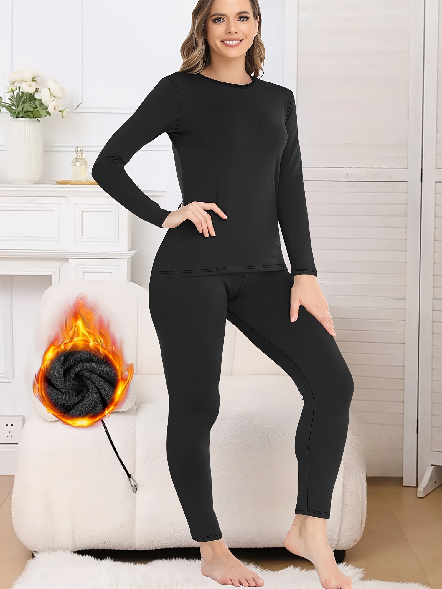 Women's Plus Size Thermal Lined Long Sleeve Base Layer Set Solid Color