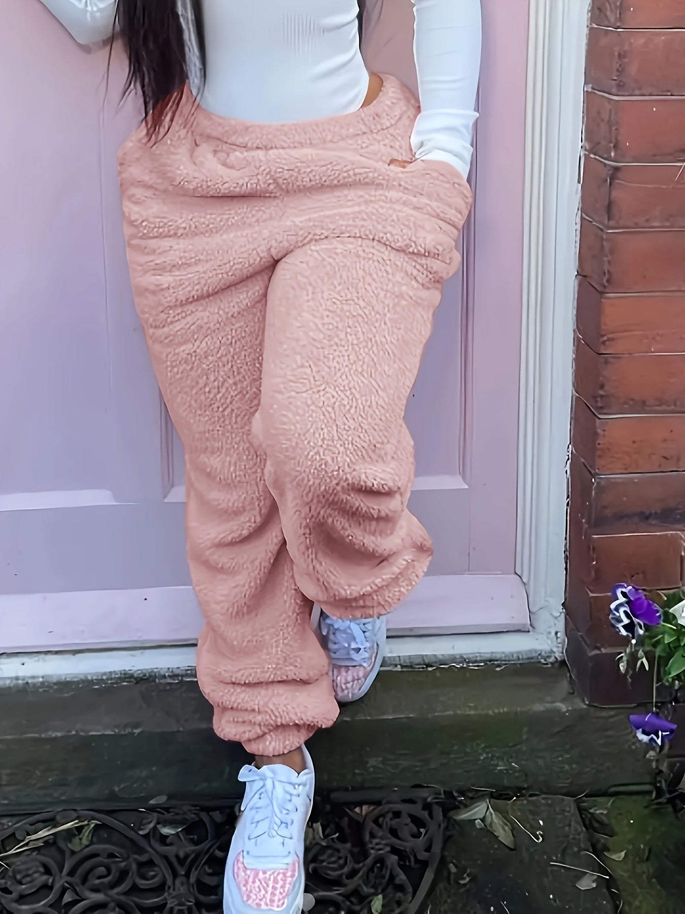 Women's Fuzzy Polyester Lounge Pants with Elastic Waistband and Pocket