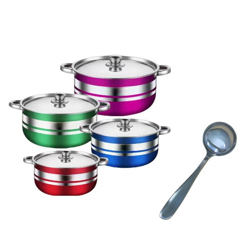 4-Piece Colorful Stainless Steel Cookware Set with Lids and Serving Spoon