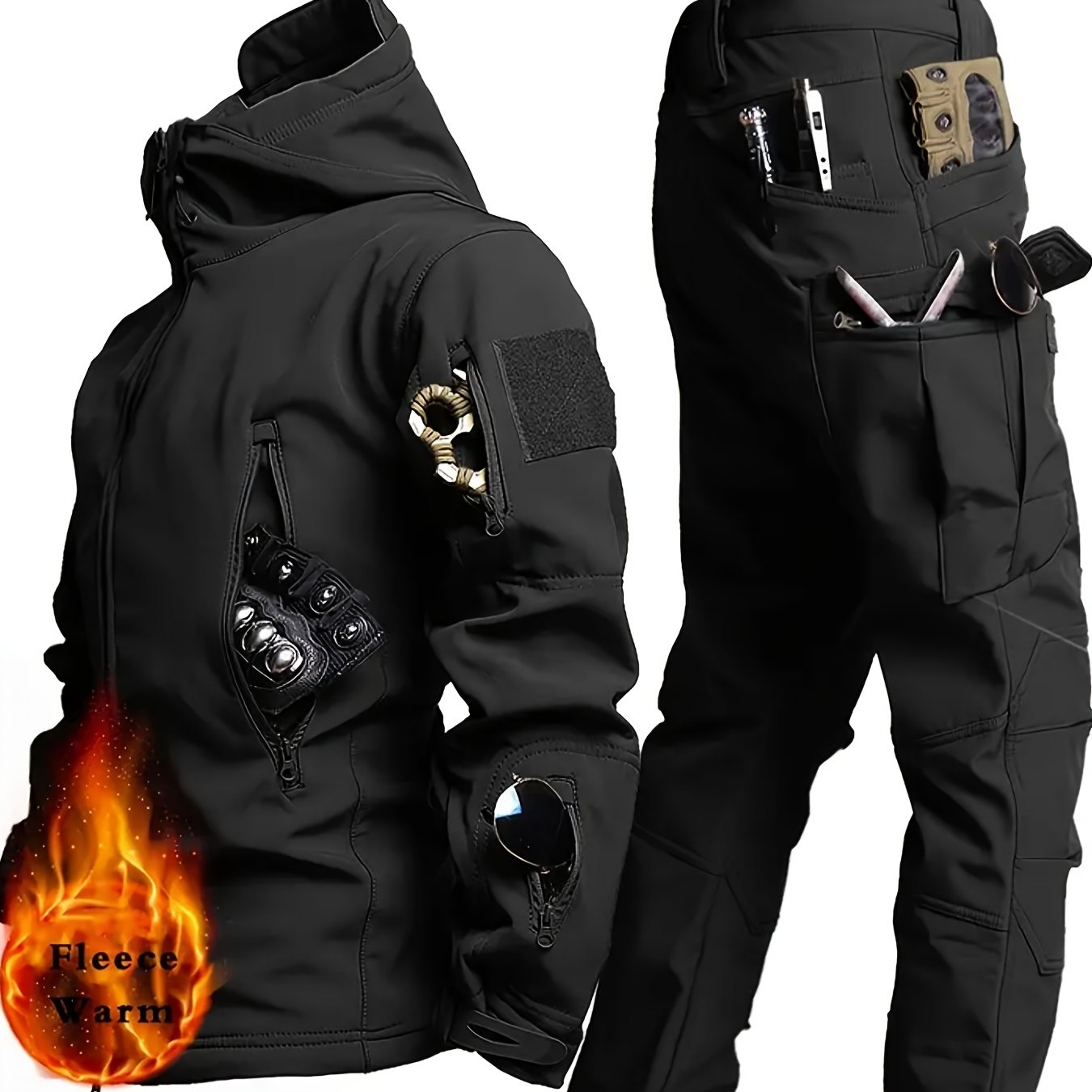 Couples Outdoor Shark Skin Soft Shell Jacket Set Windproof Breathable Hooded for Hiking Cycling Training