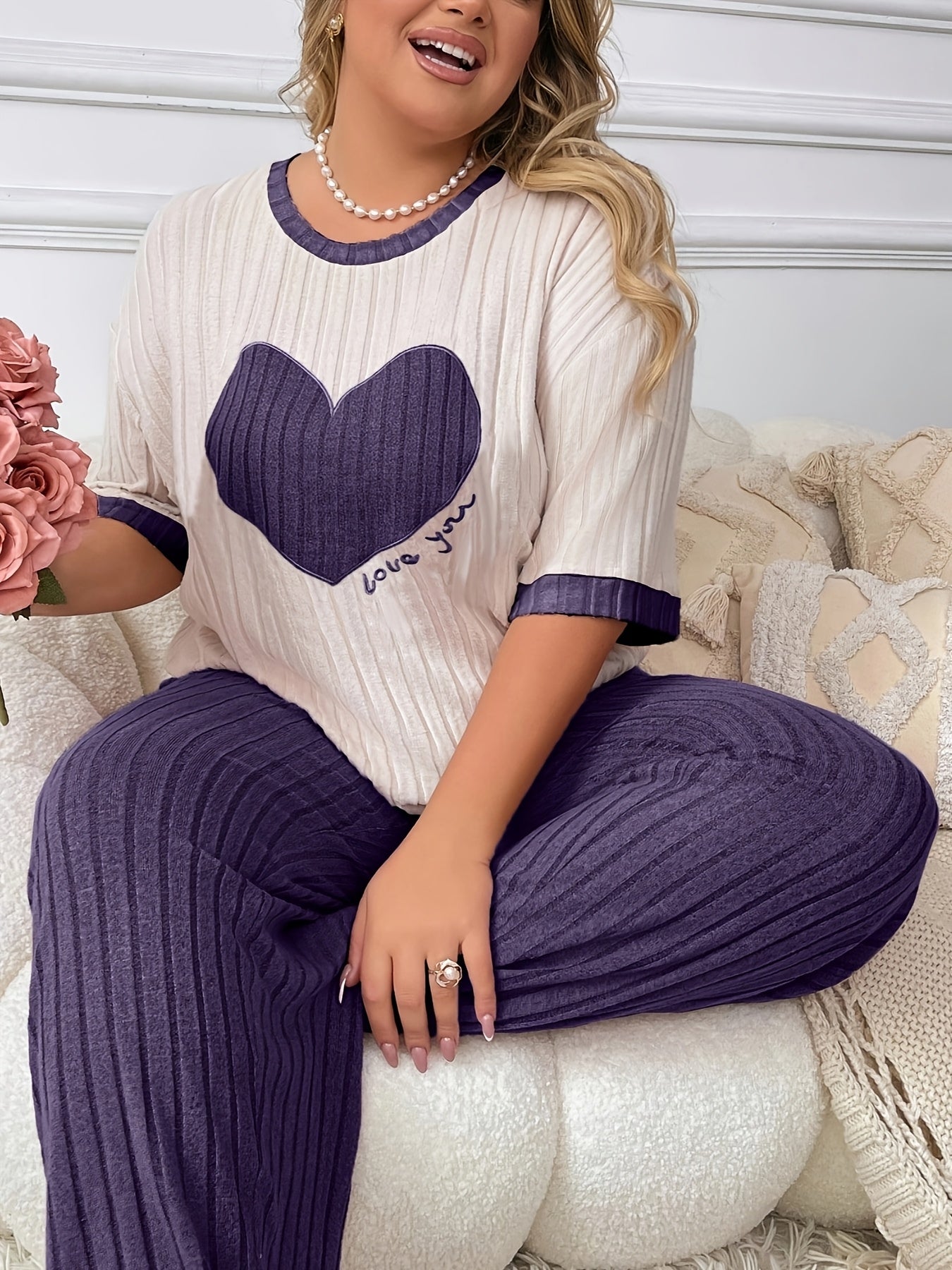 Plus Size Heart Embroidered Pajama Set with Short Sleeve Top and Long Pants in Soft Polyester