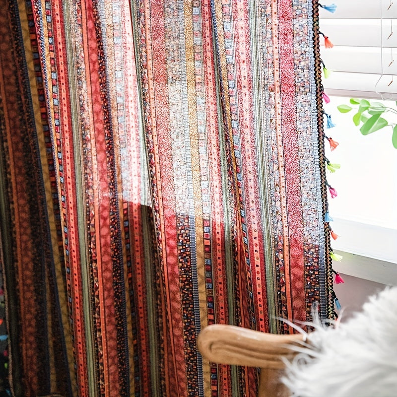 Cortina de estilo bohemio de granja con rayas rojas y borlas para dormitorio, sala de estar y decoración del hogar