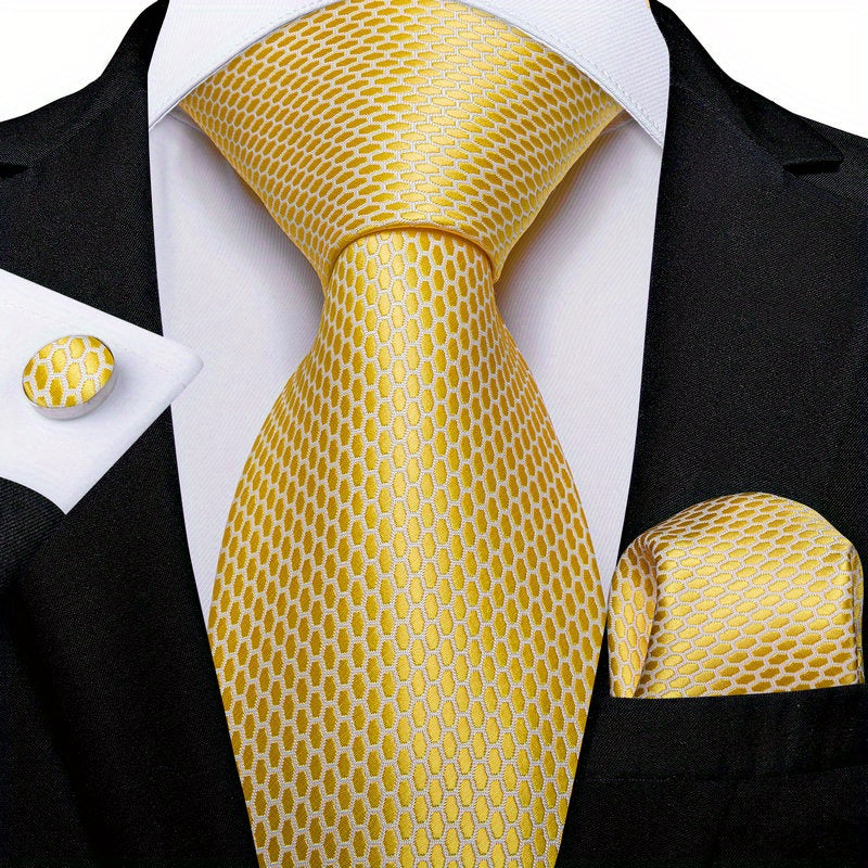 Men's Blue and Yellow Striped Tie Set with Cufflinks and Handkerchief for Business and Gift