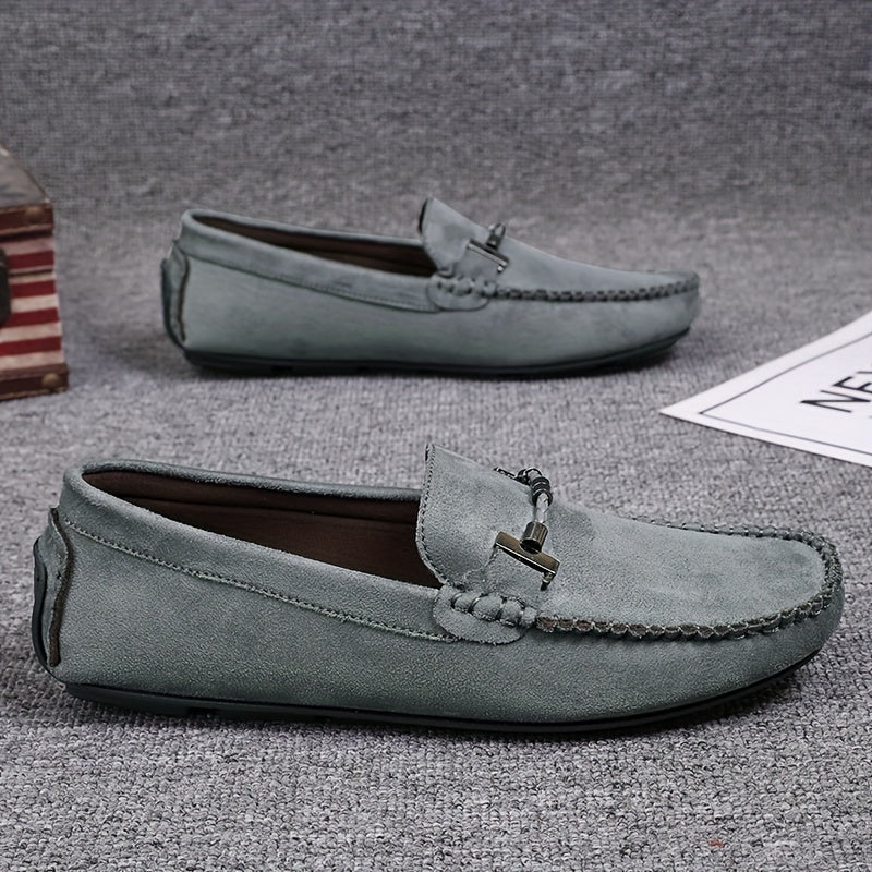 Men's Leather Loafers with Metal Accent Casual Slip-On Shoes for Street Wear