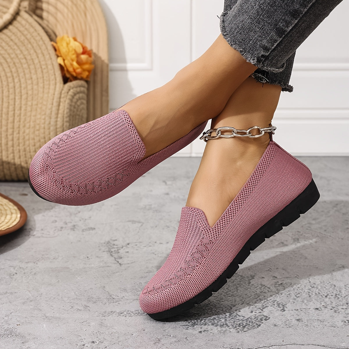 Women's Knit Slip-On Loafers Breathable Red All-Season Shoes