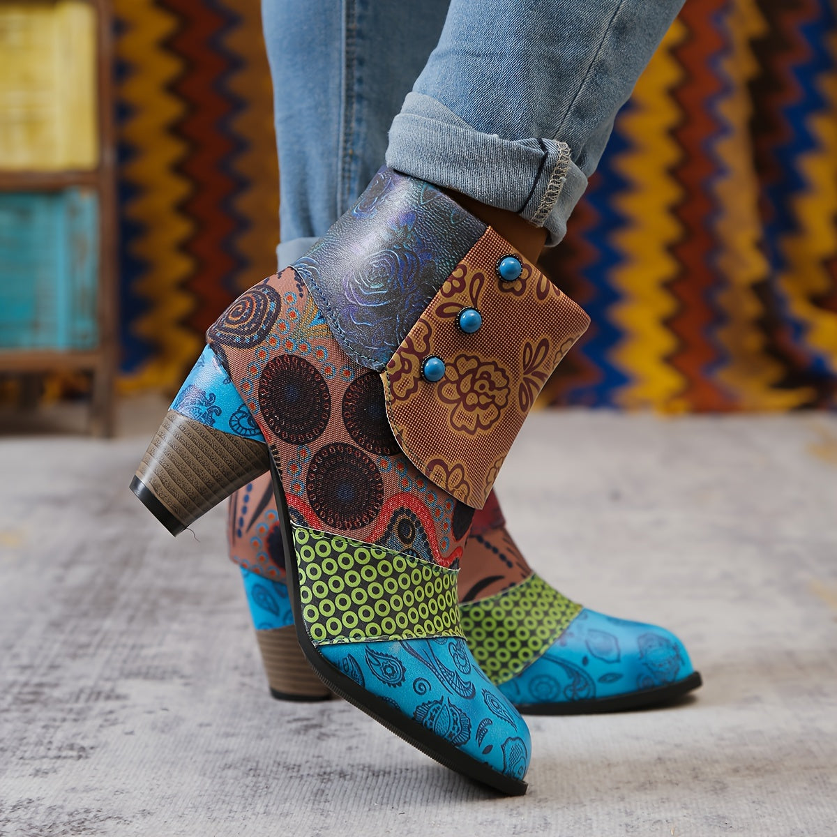 Women Bohemian Ankle Boots Fabric Insole Block Heel with Floral Patterns