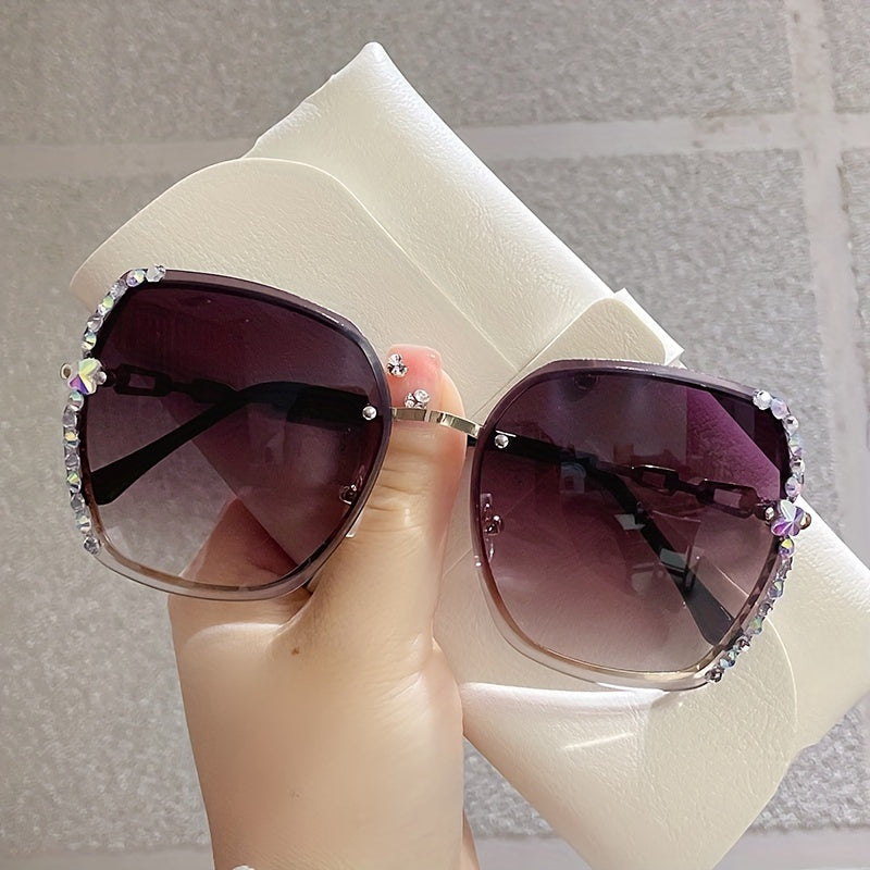 Large Cat Eye Gradient Lens Rhinestone Decor Sunglasses for Women Men Outdoor Beach