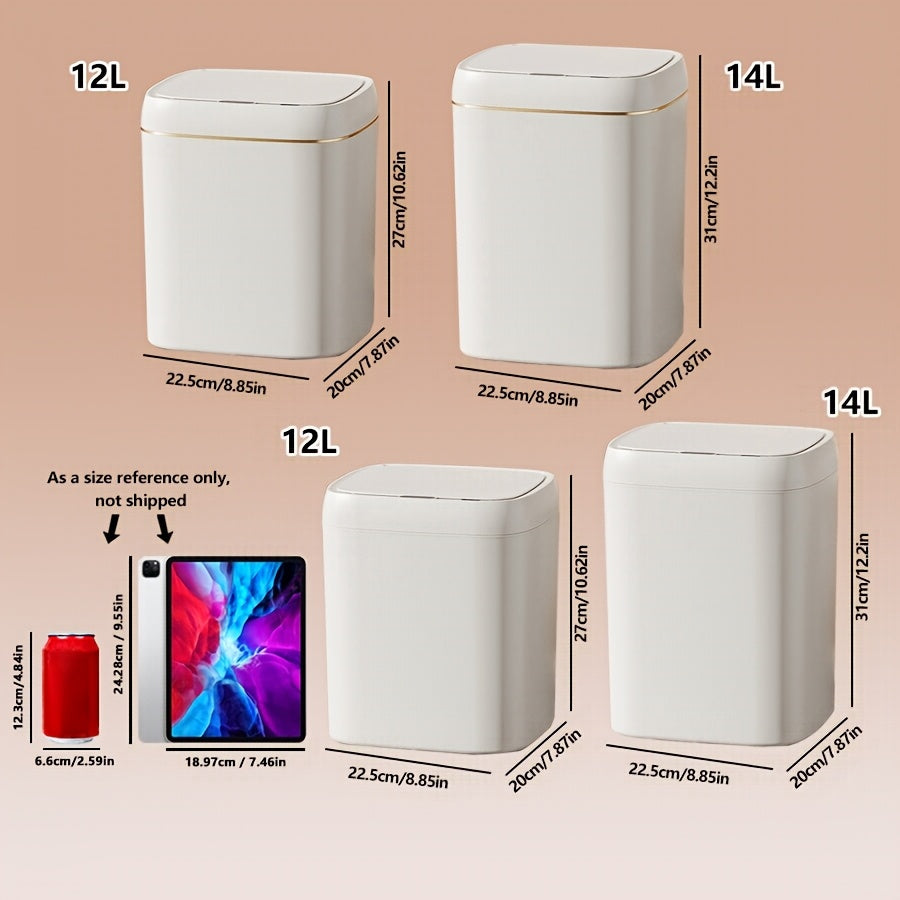 Infraqizil sensorli aqlli axlat qutisi, 12L/14L sig‘imi, batareya bilan ishlaydi, uy, ofis va maktab uchun ideal, jim operation, zamonaviy qopqoq uslubi, sumka ko‘rsatkichi.