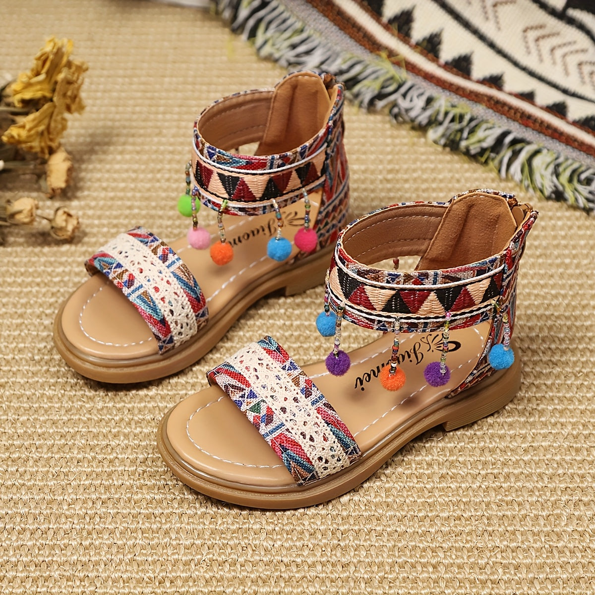 Girls' Open-Toe Beaded Sandals with Geometric Patterns for Summer Casual and Beach Wear