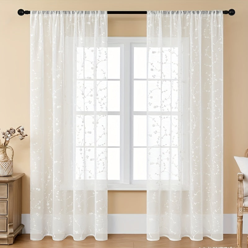 Pair Of Transparent Gauze Curtains With Floral Embroidery For Living Room Bedroom Outdoor