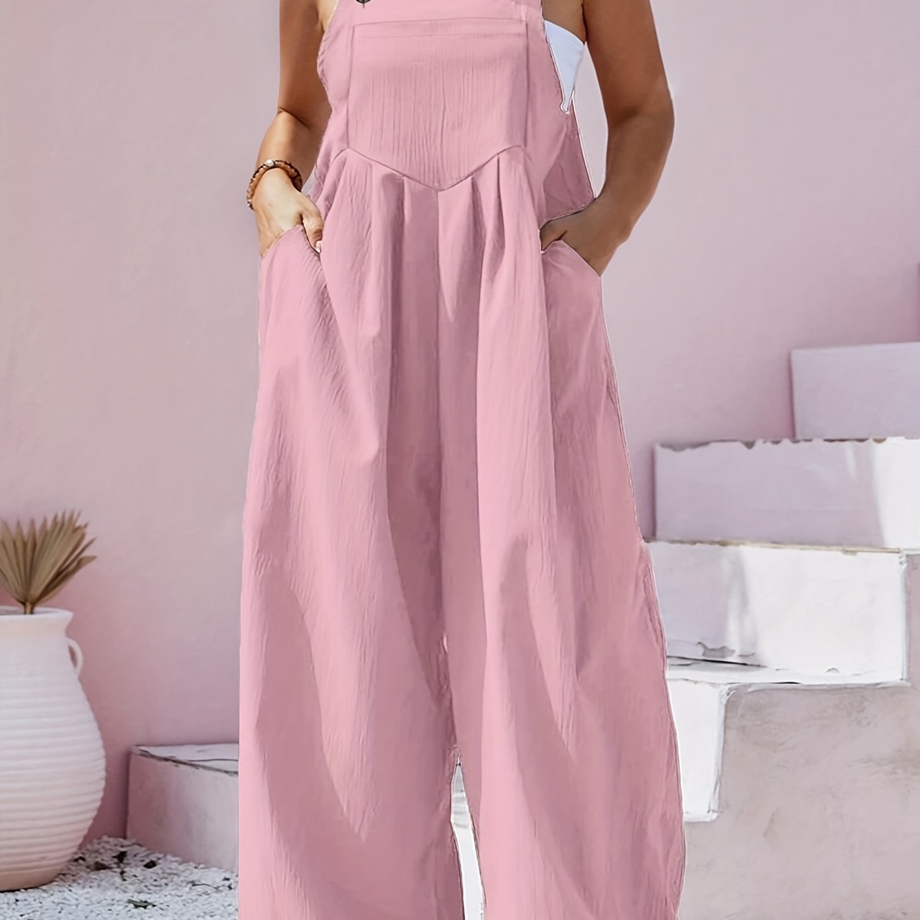 Women's Plus Size Olive Green Sleeveless Jumpsuit with Pockets