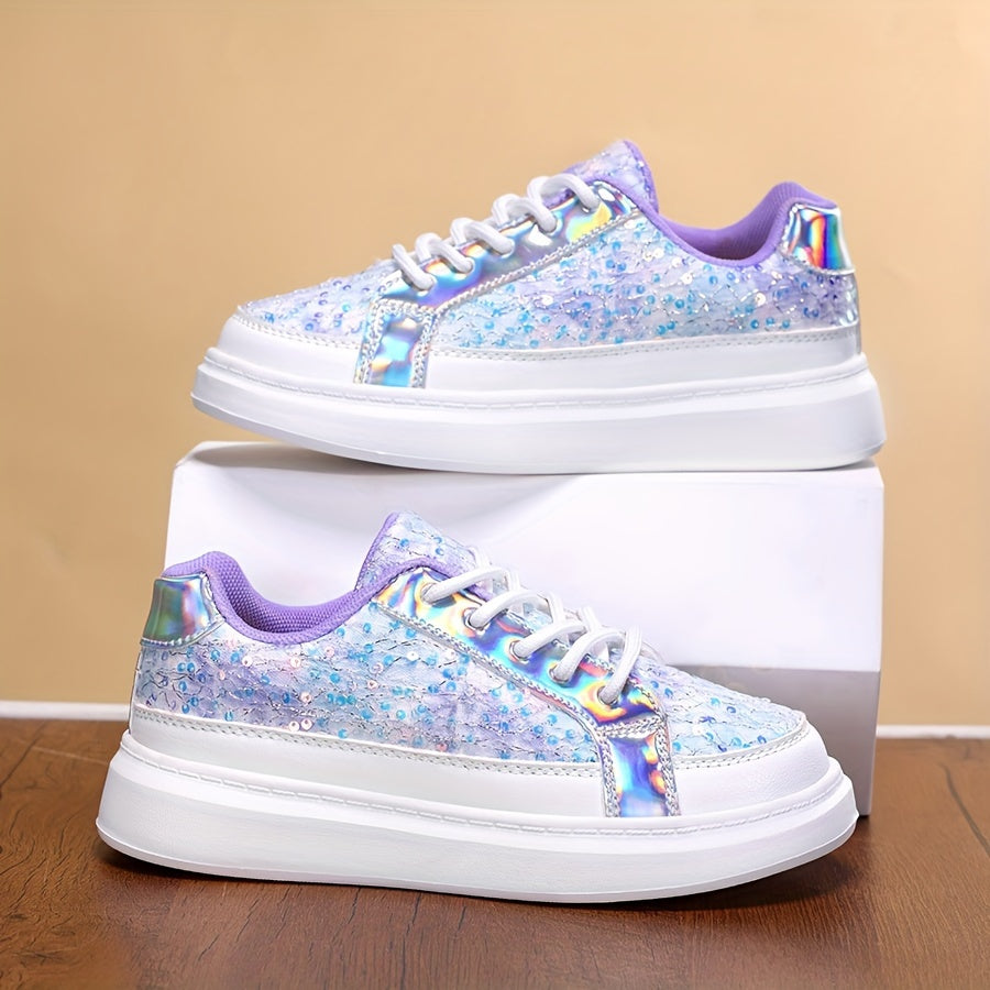 Girls' Sparkly Blue Sequin Sneakers with Purple Accents for Outdoor Play and Casual Wear