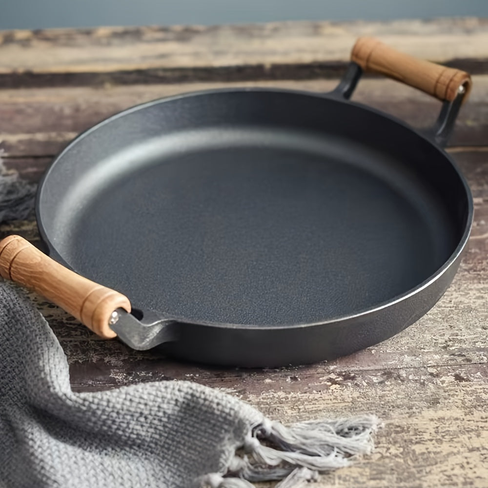 Cast Iron Skillet with Lid Non-Stick Flat Pan for Pancakes Frying Kitchen Cookware