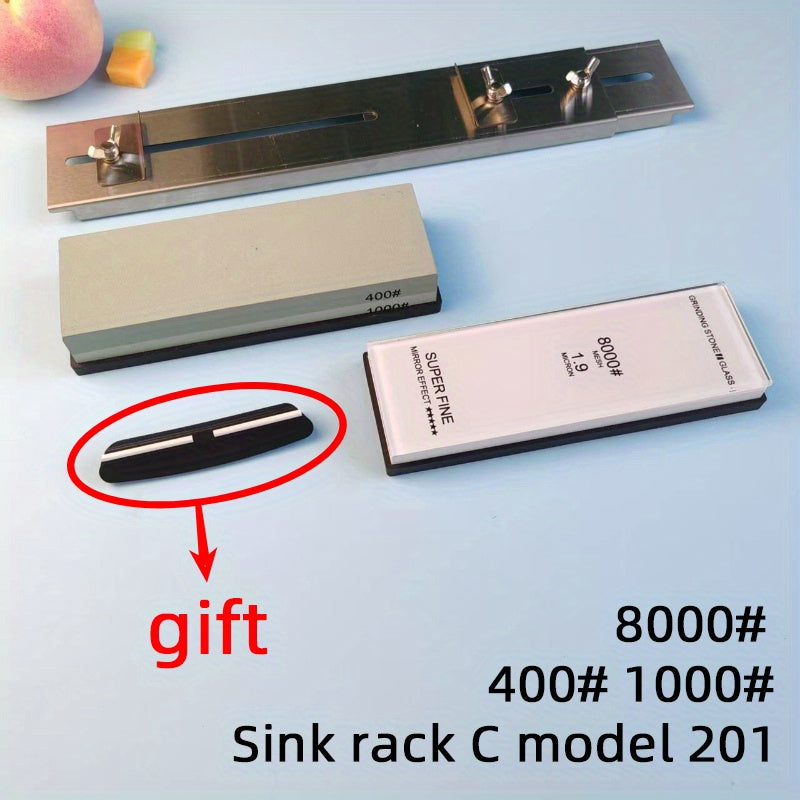 Stainless steel sink-mounted sharpening rack with adjustable bracket and glass oilstone