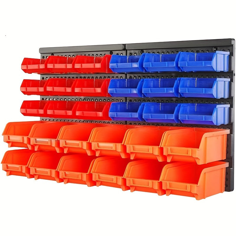 Wall-Mounted Storage Organizer with 30 Plastic Bins for Garage Tools in Blue Orange Red