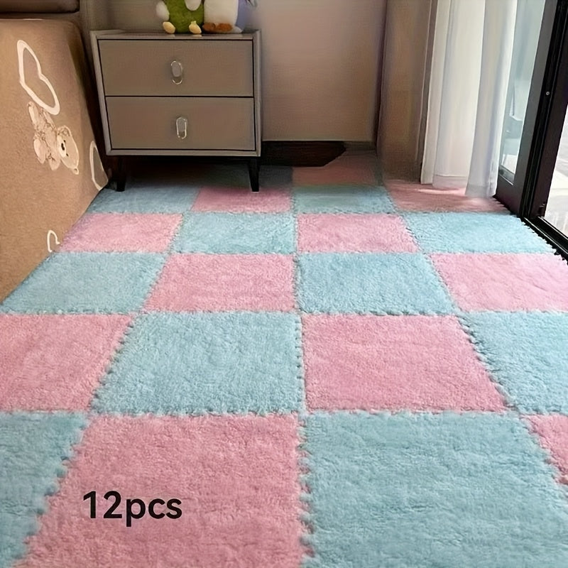 12pcs Square Flower Pattern Plush Area Rugs Set Washable Non-Slip Low Pile Polyester EVA Bedroom Living Room Decor