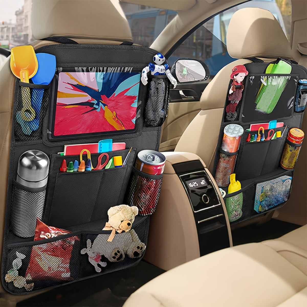Car Seat Organizer with Tablet Holder and Mesh Pockets for Kids Backseat Storage
