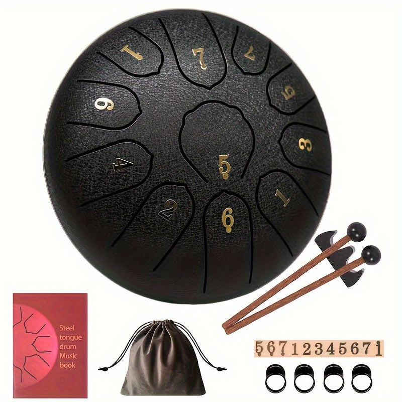 6-Inch 11-Tone Steel Tongue Drum Kit with Bag Mallets Music Book for Meditation Yoga Camping
