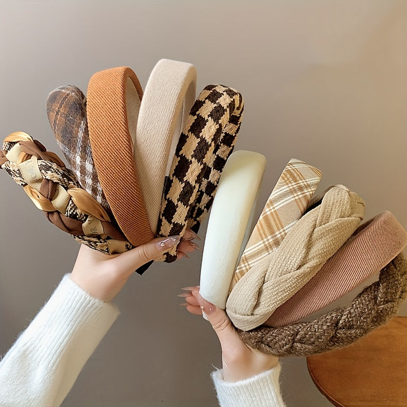 Set of 5 Wide Fabric Plaid and Solid Color Hair Bands for Women Autumn Winter Gift
