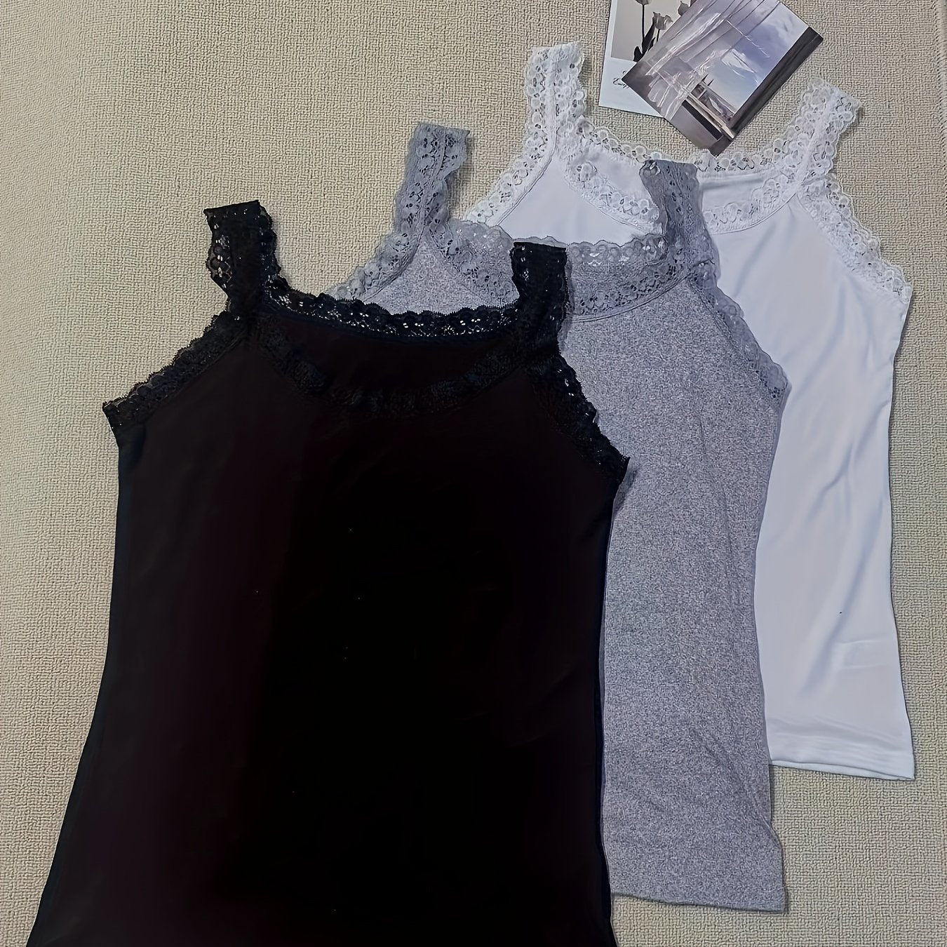 Pack de 3 camisetas sin mangas con encaje para mujer, casuales para todas las estaciones, negro, gris, blanco
