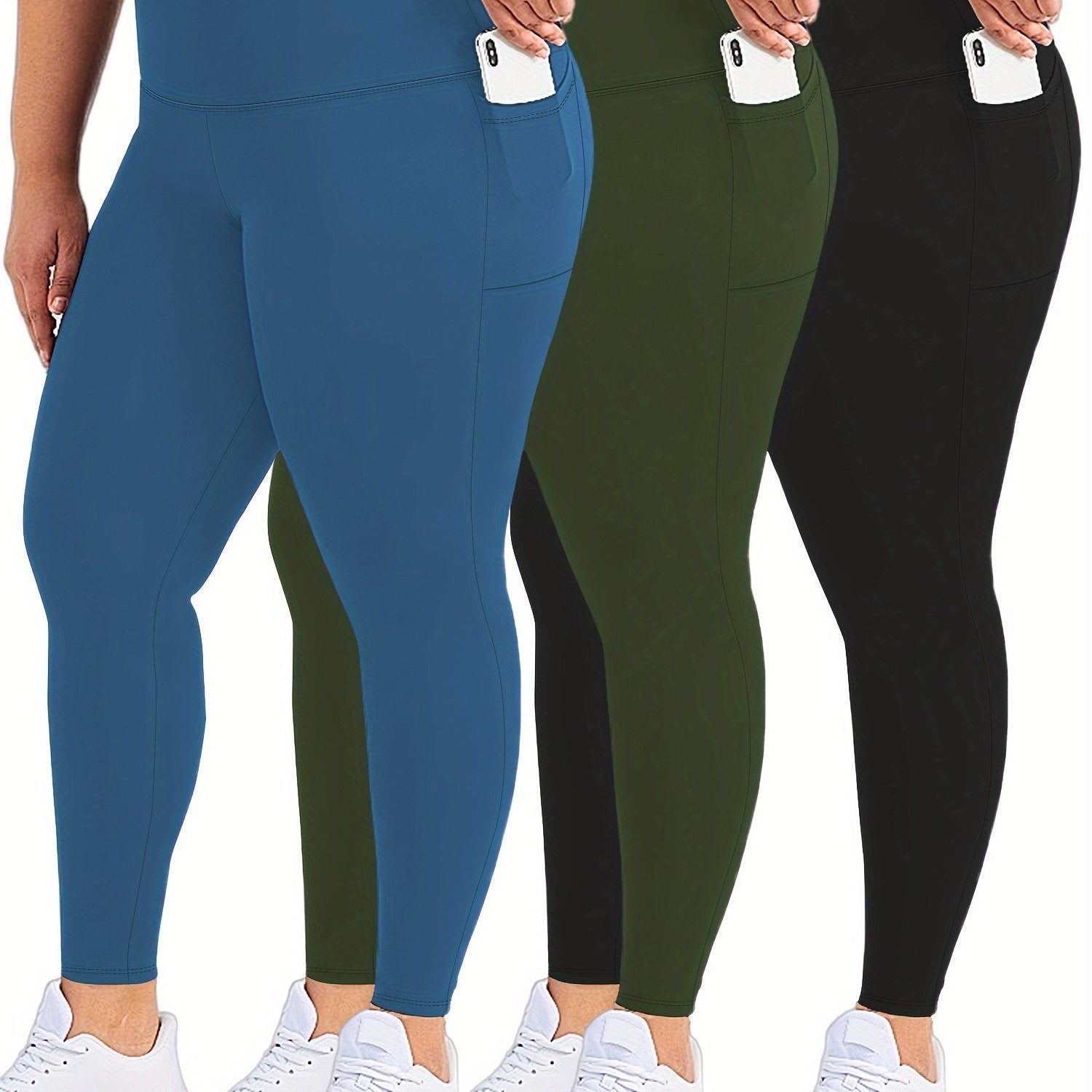 Plus Size Womens Black Pockets High Waisted Tummy Control Leggings Set