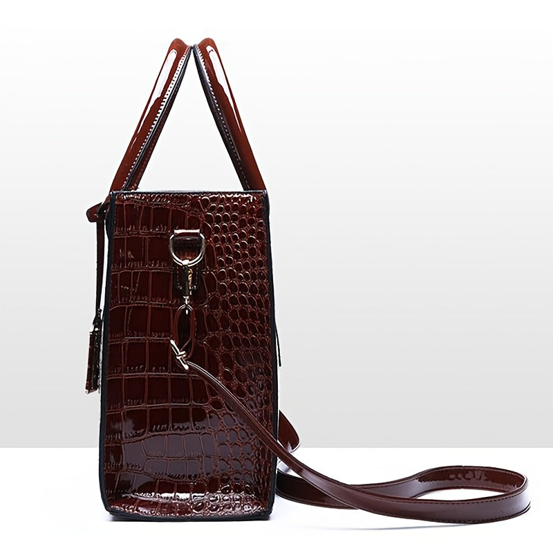 Crocodile Pattern Leather Handbag for Travel and Gifting Black Spacious Interior