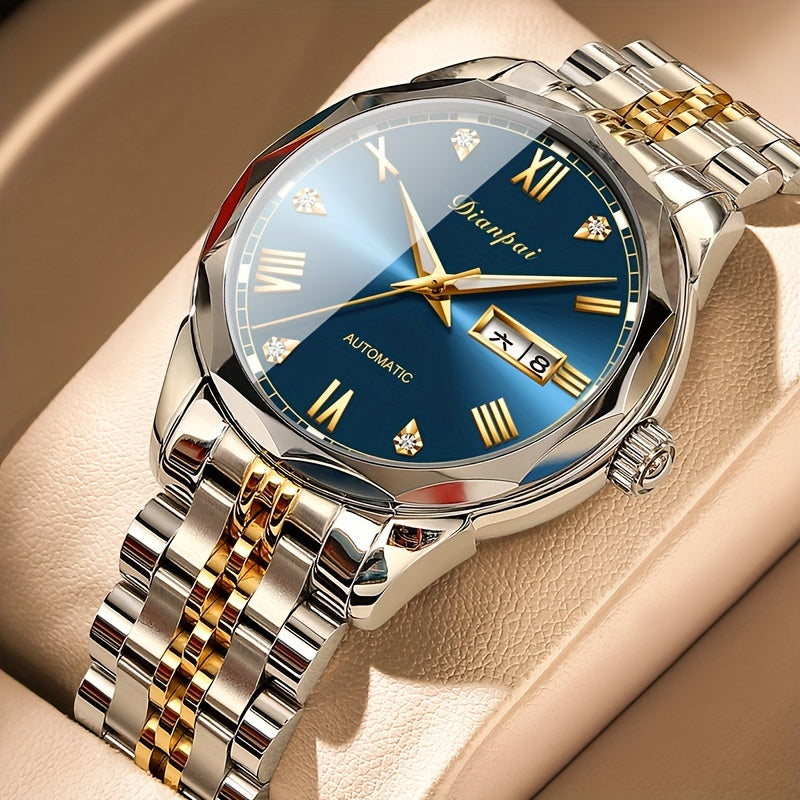 Men's Luxury Automatic Mechanical Watch with Luminous Calendar Stainless Steel Business Style Rhinestone Accents