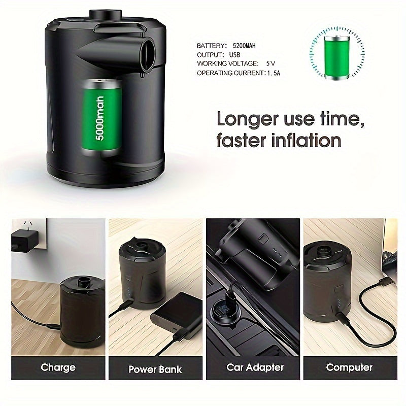 Portable Electric Pump for Swimming Pool and Air Mattress Rechargeable 5200mAh Black